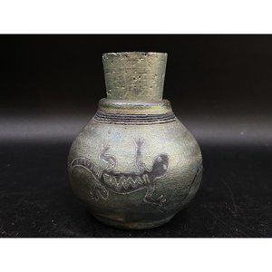 J. Diller Raku Southwestern Art Pottery Vase Jar Gecko Lizard Cork Stopper